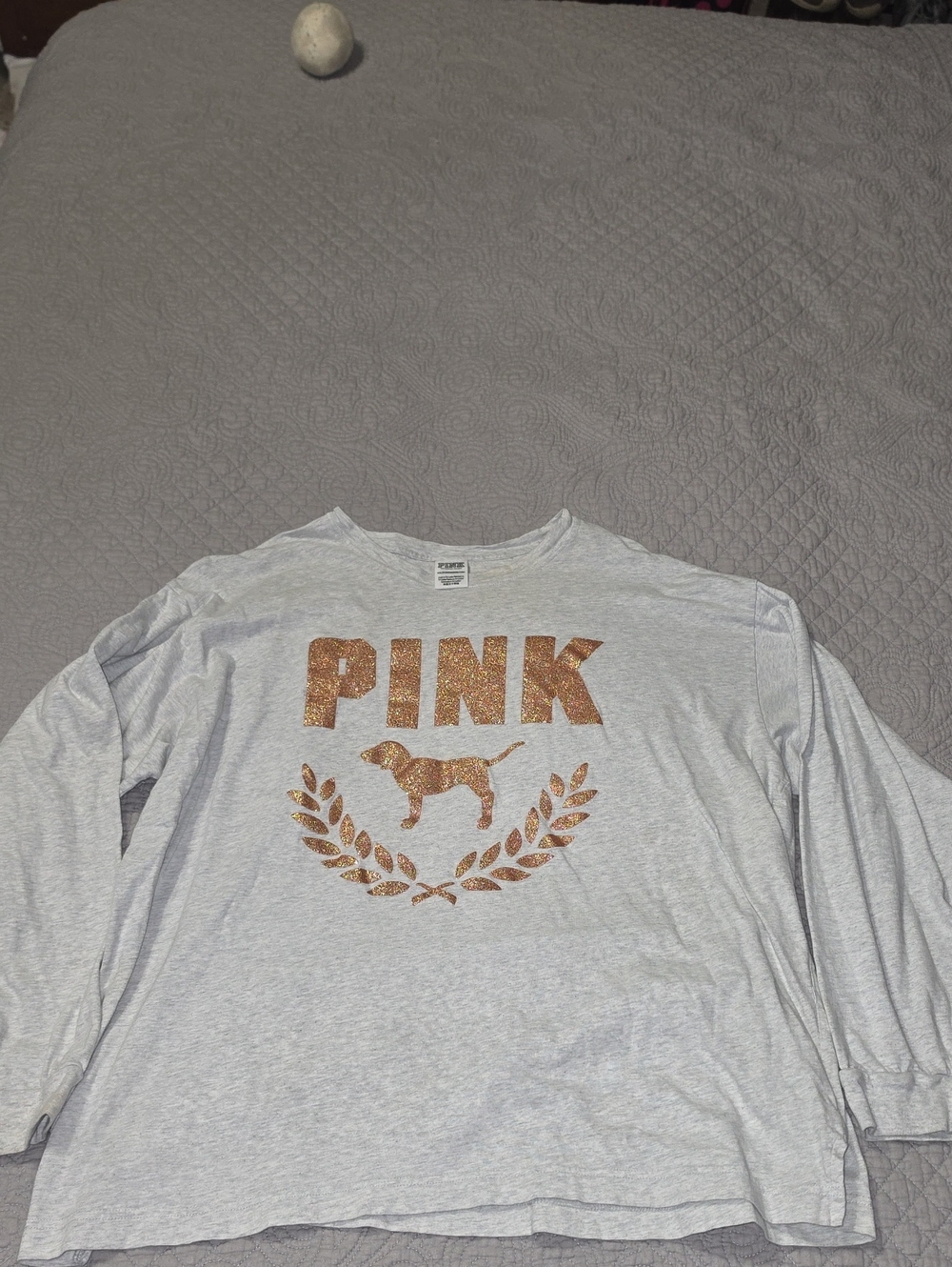 PINK Victoria's Secret Light Gray Long-Sleeve Tee with Metallic Rose-Gold Logo
